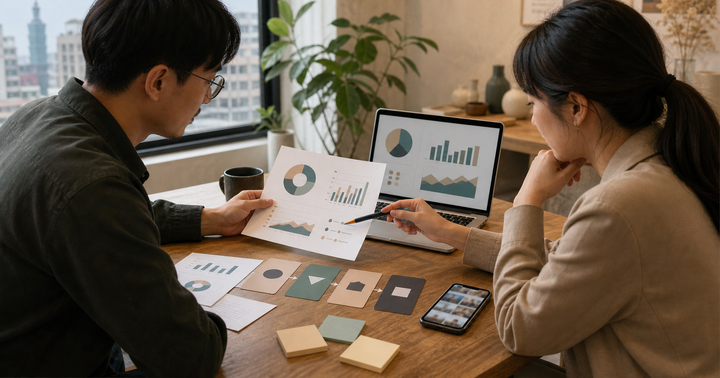 台灣中小企業行銷團隊在木質桌面前檢視活動成效圖卡、色塊便條、手機素材預覽與筆電上的簡潔報表版面