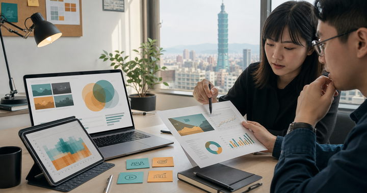 台灣中小企業行銷人員在桌面上檢查 YouTube 廣告頻次、受眾重疊與 AI 摘要卡片
