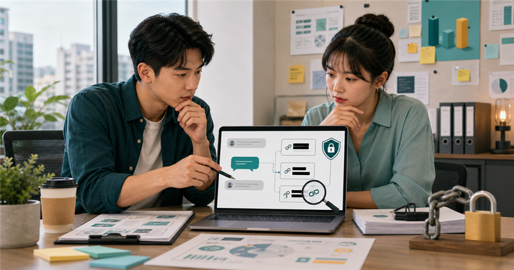 台灣中小企業行銷團隊在筆電前檢查 AI 對話分享連結、遮蔽資料與隱私風險