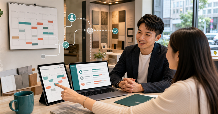 展示間桌上有平板預約表單、行事曆與 AI 分流儀表板，顧客正在選擇體驗時段