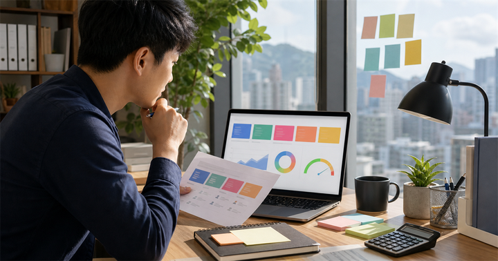台灣中小企業行銷人員在筆電前檢查抽象廣告儀表板與自動化建議卡片