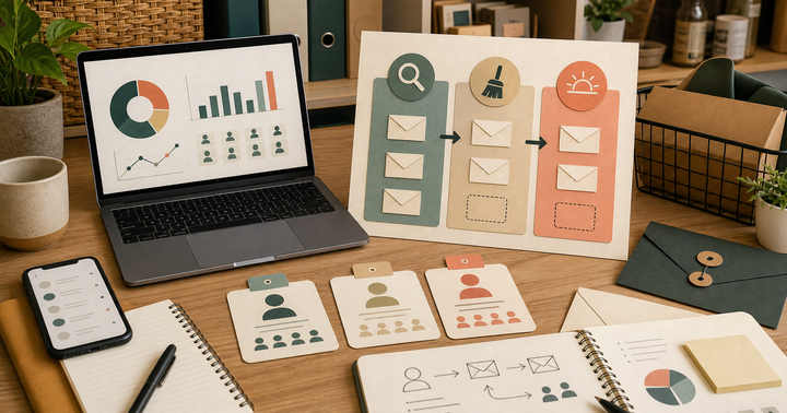 木質工作桌上放著筆電、手機、訂閱者分群卡片、信封圖示與一塊三階段流程板，呈現台灣中小企業規劃沉睡名單清理與 sunset flow 的編輯式場景。