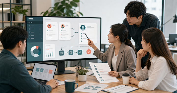 台灣中小企業團隊檢查 CRM 儀表板，將重複客戶資料整理成單一乾淨紀錄