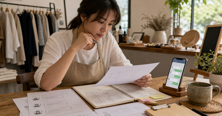 Editorial Taiwan small-business customer-service scene with a smartphone chat screen, printed FAQ sheets, sticky-note handoff rules, and a shop owner reviewing LINE message flows