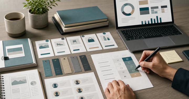 Editorial desk scene with printed campaign cards, brand label tabs, query notes, a laptop with abstract chart blocks, and a pen marking allocation decisions