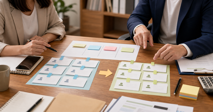 Editorial desk scene with printed lead cards split into nurture and sales follow-up groups, a CRM board, a phone, and colored routing markers on a Taiwan SME worktable