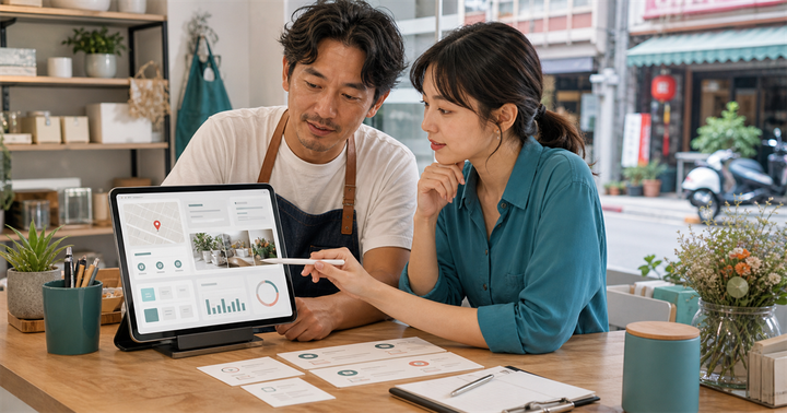 台灣店家與行銷人員在平板上檢查 Apple 地圖商家頁、照片與行動按鈕