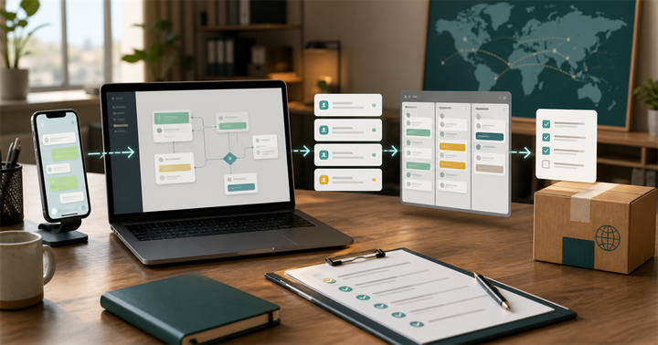 台灣中小企業工作桌上以抽象聊天流程、CRM 看板與外銷包裹整理 WhatsApp 詢問