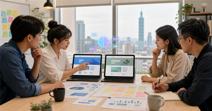 台灣中小企業行銷團隊比較兩個著陸頁版本與轉換數據，旁邊有 AI 輔助分析介面