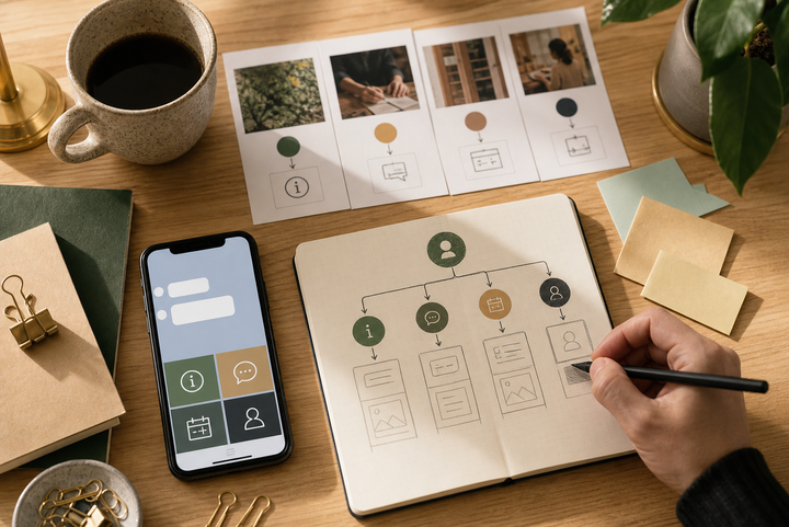 Editorial desk scene with a smartphone showing a simplified chat menu, printed customer journey cards, sticky notes, and a notebook used by a Taiwan SME team planning a LINE rich menu flow.