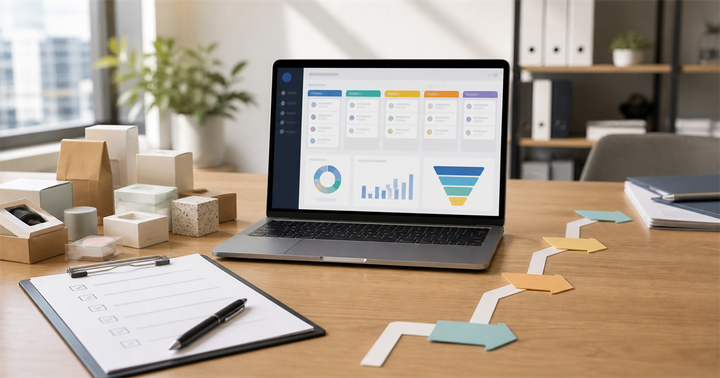 辦公桌上的樣品盒、申請清單與 CRM 分流儀表板，呈現 B2B 樣品申請表單審核流程