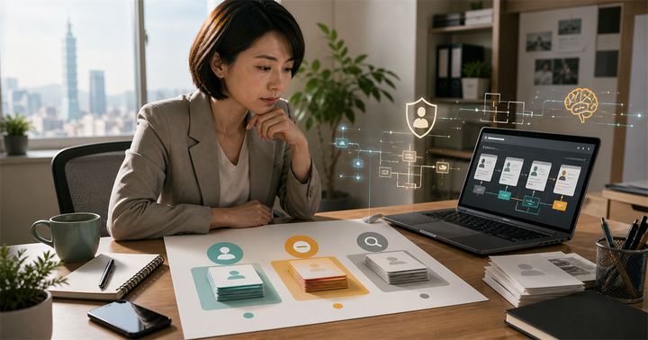 台灣中小企業行銷人員在辦公桌前檢查 CRM 卡片、隱私圖示與 AI 工作流程