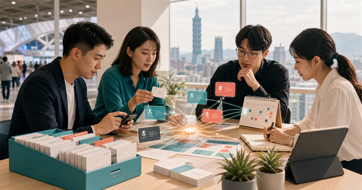 台灣中小企業團隊在展後整理名片、CRM 名單與跟進提醒