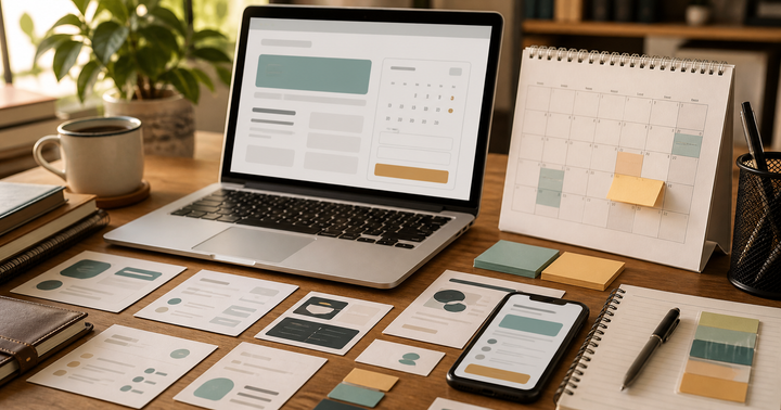 Editorial desk scene with a laptop showing a booking page layout, printed consultation cards, a phone, calendar notes, and paper tabs used by a Taiwan SME to plan a free consultation page