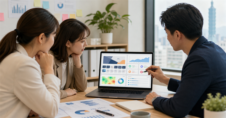 台灣 B2B 團隊在辦公室檢視提案簡報追蹤儀表板與跟進清單