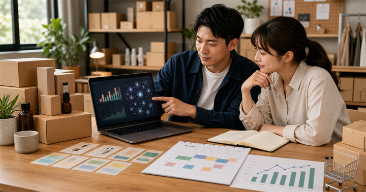 台灣中小企業團隊在辦公桌前檢查庫存箱、行銷月曆與 AI 分析儀表板