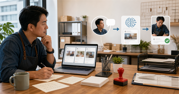 台灣 B2B 小團隊在辦公桌前檢查 AI 草稿、手寫筆記與人工核准流程