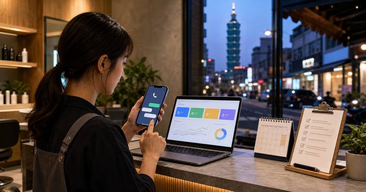 台北小型服務店家在櫃台查看手機未接來電與筆電追蹤儀表板