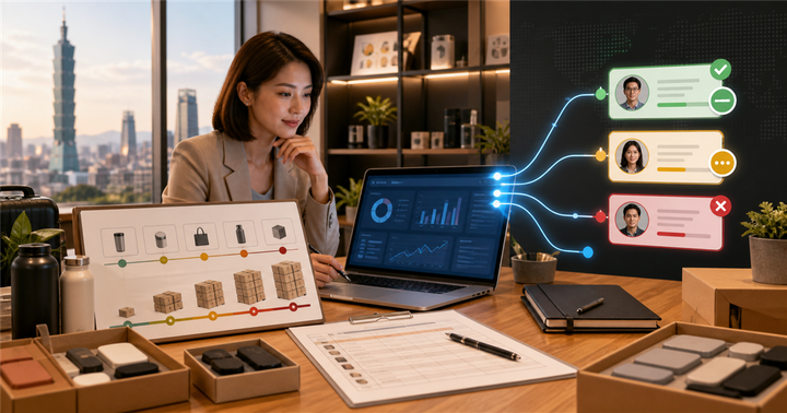 台北批發業務工作桌上以 AI 儀表板整理 MOQ 詢價名單與產品樣品