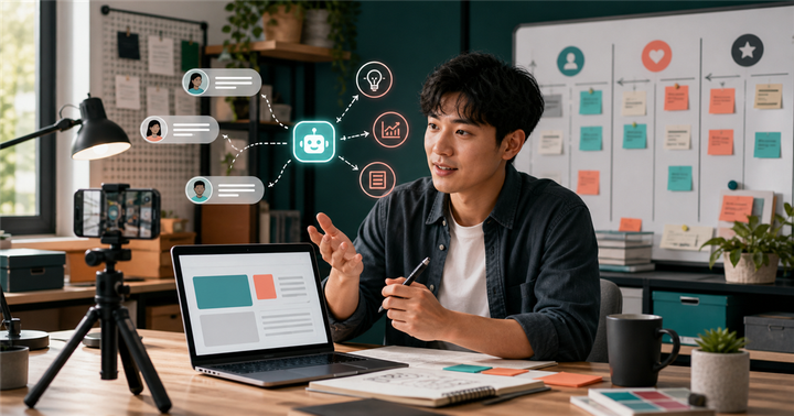 台灣中小企業負責人在工作桌前整理 Podcast 來賓提案素材與 AI 輔助節點