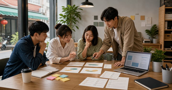 台灣中小企業行銷團隊在桌前用 AI 介面和檢查卡評估品牌標語候選方案