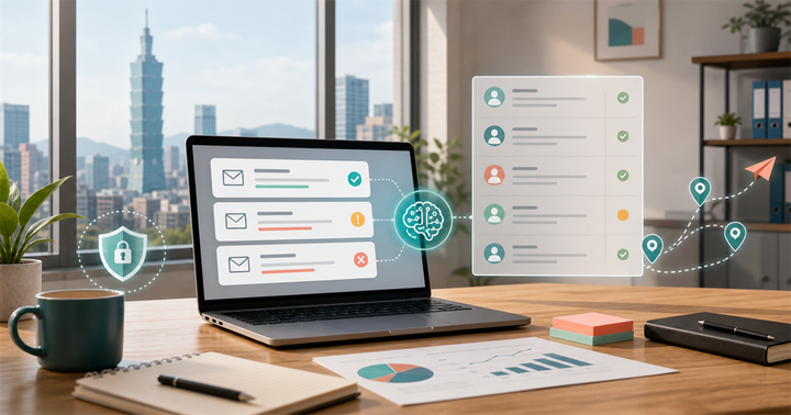 台北中小企業辦公桌上，筆電顯示 AI 協助檢查開發信、CRM 名單與隱私風險的抽象畫面