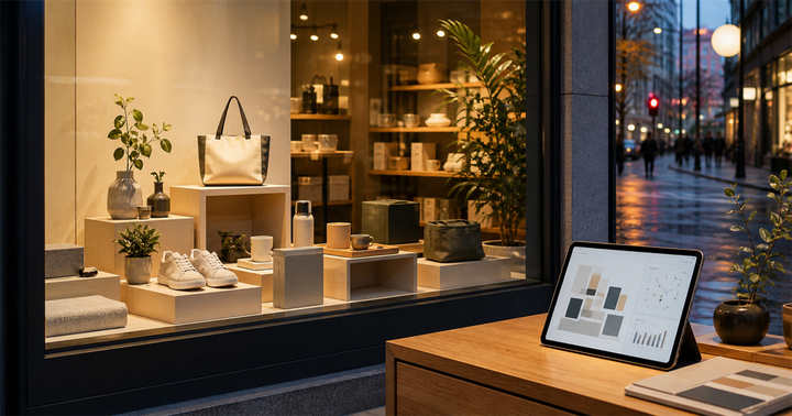 夜晚小型門市櫥窗展示商品，旁邊平板顯示抽象陳列規劃與數據圖。
