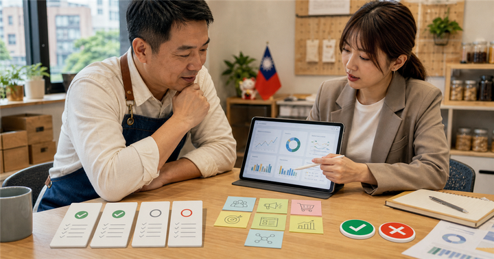 台灣中小企業主與行銷人員在桌前檢查 AI 行銷工具試用成效與核准標記