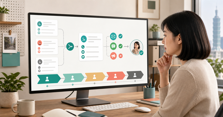 行銷人員檢查 CRM 客戶資料清理流程，畫面包含重複聯絡人、通路同意標記與人工審核節點