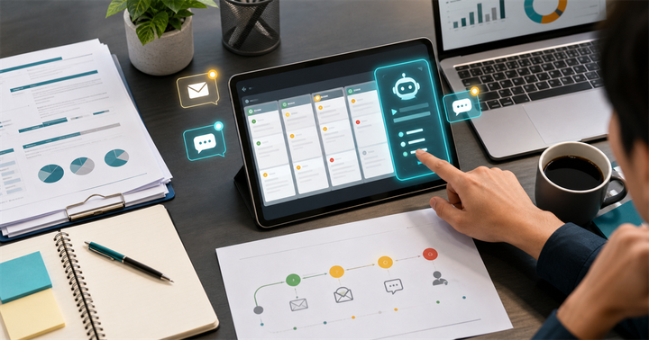 台灣中小企業業務桌面上，平板顯示 CRM 報價追蹤卡片與 AI 分析介面