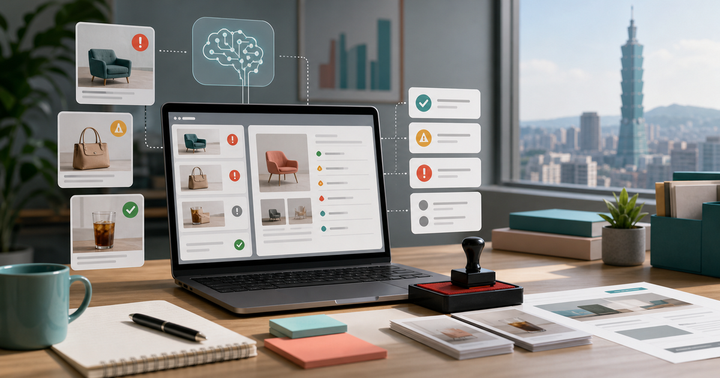 台灣辦公室中，筆電畫面呈現廣告素材審核清單與 AI 風險提示