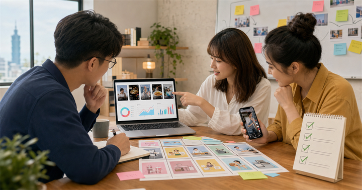 台灣中小企業行銷團隊在桌面檢查短影音廣告靈感、分鏡卡與成效圖表