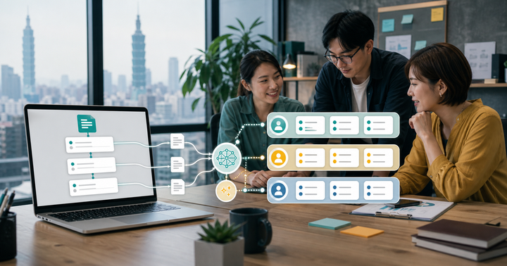台北中小企業團隊在辦公桌前檢視表單名單分流與 AI 判斷流程