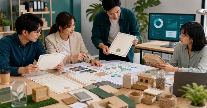 台灣中小企業團隊在桌上檢查永續獎項證書、包裝材料與 AI 風險儀表板