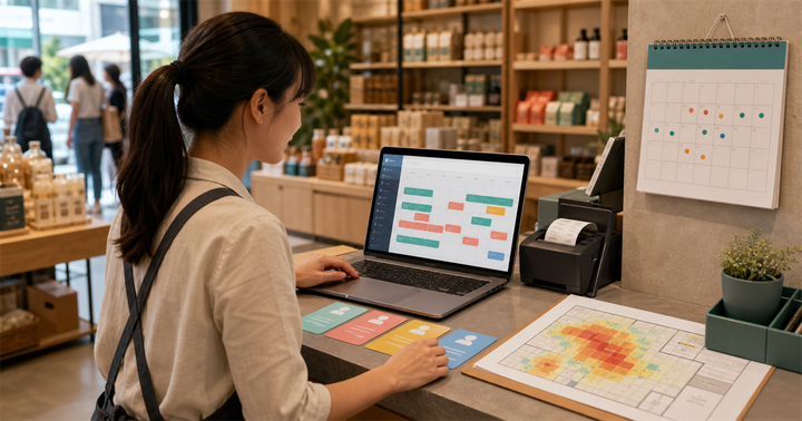 台灣門市櫃台前，店員用筆電檢查排班色塊、POS 收據與客流熱區圖