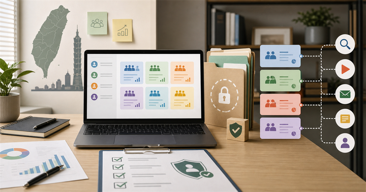 台灣中小企業行銷桌面上有 CRM 分眾卡、同意檢查表與隱私資料夾，象徵 Customer Match 名單治理。