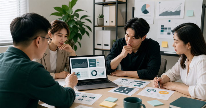 台灣中小企業行銷團隊在會議桌前檢查抽象廣告儀表板、預算卡與轉換品質訊號