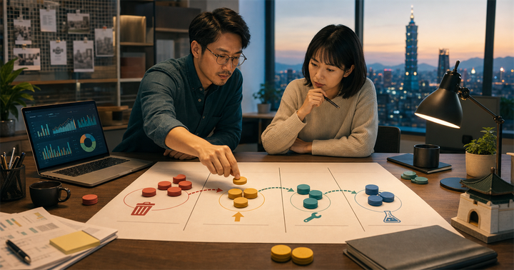 台灣中小企業團隊在桌上重新分配第四季行銷預算與年底活動資源