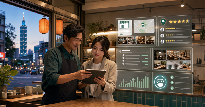 台灣小店老闆與行銷人員檢查 Google 商家檔案、評論、相片與 AI 助理提示