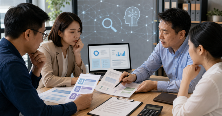 台灣中小企業團隊在會議桌上檢查 AI SEO 報價單、分析儀表板與驗收清單
