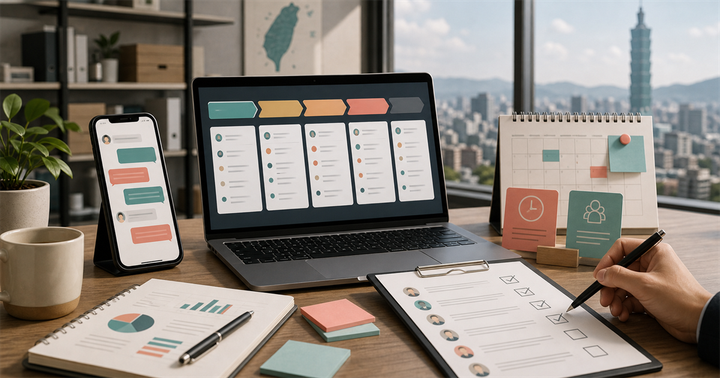 台灣中小企業行銷桌面上有 CRM 名單卡、手機訊息與跟進檢查表