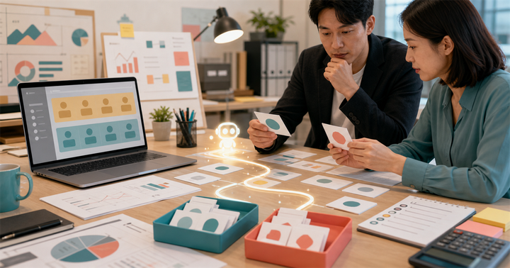 台灣中小企業行銷團隊在桌面上檢查 AI 座位分配、活動卡與預算清單