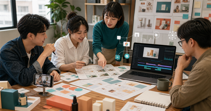 台灣中小企業團隊在工作桌前檢查 AI 影片廣告分鏡、素材 brief 與成效追蹤