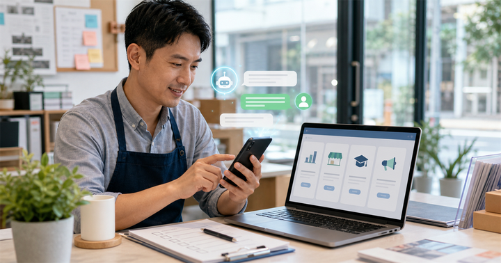 台灣中小企業店主用手機查詢馬上辦 LINE@，桌上有筆電資源卡與行銷檢查表