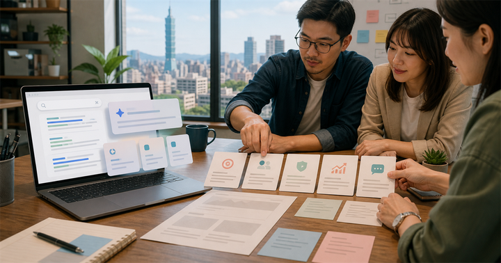 台灣中小企業團隊在筆電旁整理 AI 搜尋答案卡與網站內容證據