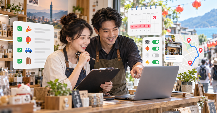 台灣店家在筆電前檢查連假營業時間、地圖路線與商家檔案設定