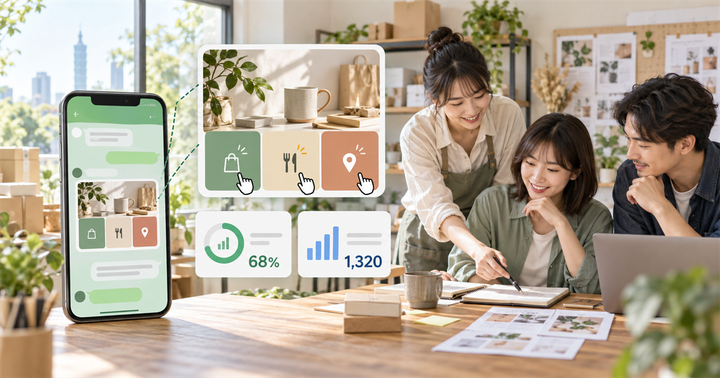 台灣中小企業團隊檢查 LINE 圖文訊息點擊區、開封率與連結點擊成效的工作桌