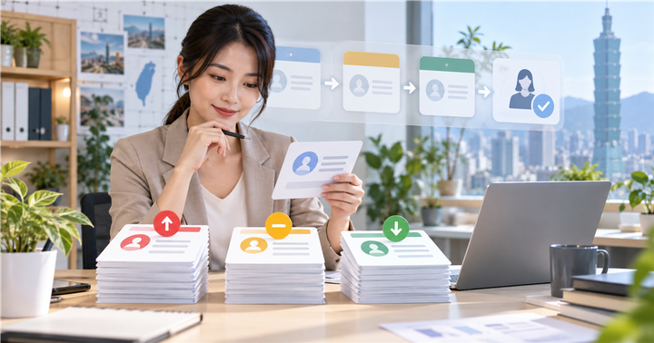 桌面上的名單卡片被分成高、中、低優先順序，旁邊有 CRM 流程線與人工審核節點