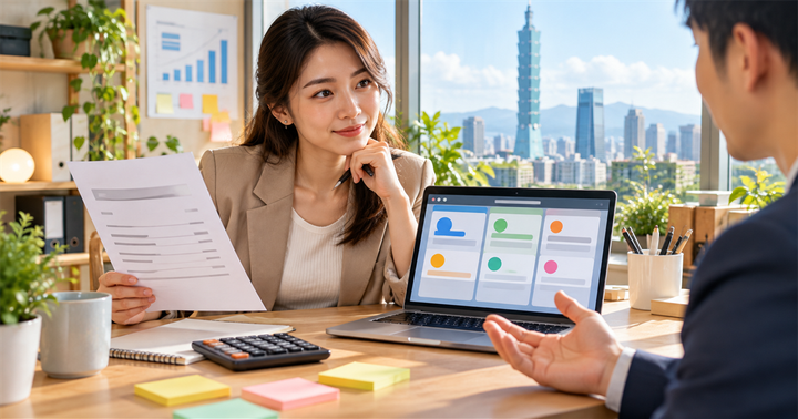 台北小型企業業務在桌前拿著報價資料，筆電顯示抽象 CRM 卡片與價格比較圖形