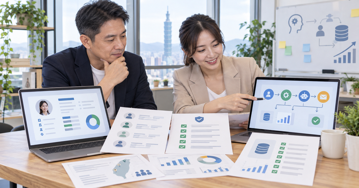 台灣中小企業團隊在辦公桌前檢查 CRM 資料品質、同意欄位與 AI 代理人工作流程圖